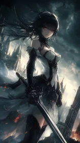 Dark fantasy swordswoman in gothic ruin environment digital painting.