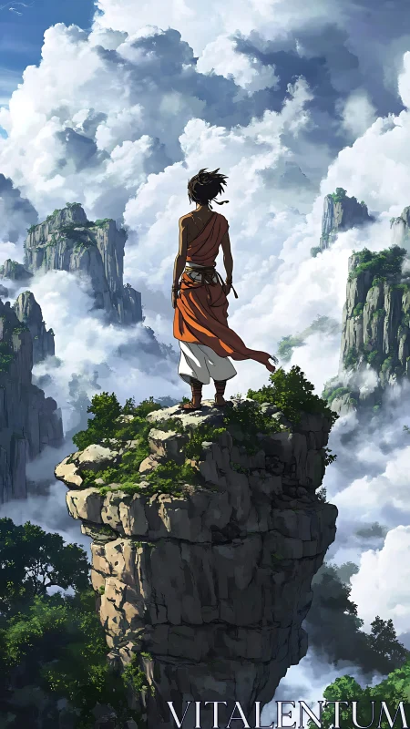 Figure observing clouded mountain landscape from high pillar.