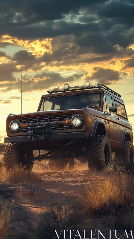 Dust crowned bronco conquers sunset-soaked desert trail.