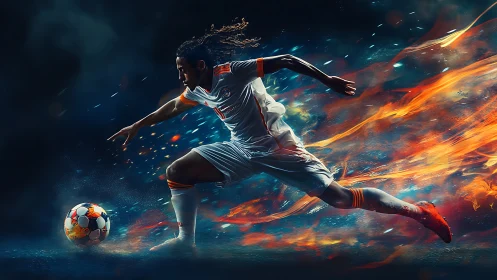Dynamic digital painting of sprinting soccer striker in flames.