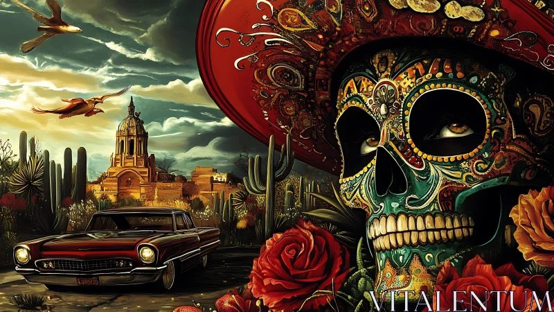 Dia de los Muertos skull dominates vivid desert streetscape.