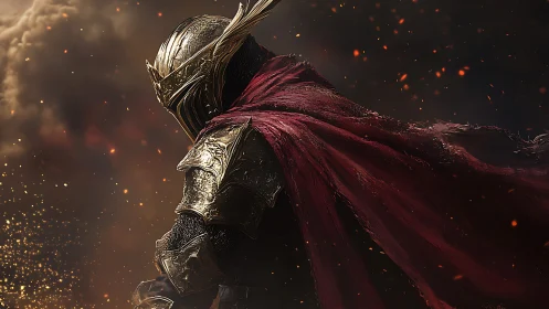 Ember crowned knight in tattered crimson stormlight armor.