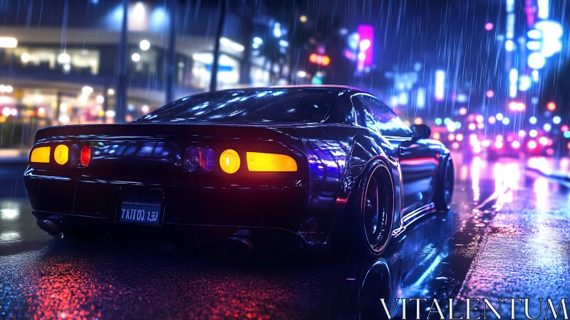 Midnight sports car under neon rain on wet city street.