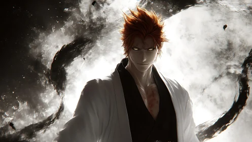 Anime warrior stands in front of swirling monochrome energy