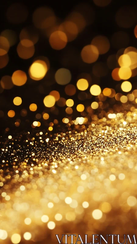 Defocused golden bokeh lights over granular glitter field.
