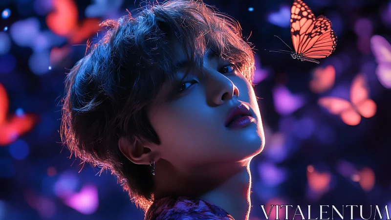 Neon-lit portrait with monarch butterfly and bokeh swarm glow