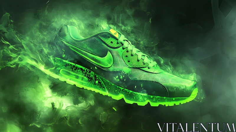 Neon green running shoe glows through swirling smoke field.