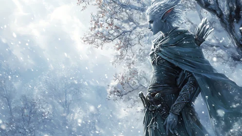 Winter elf ranger watching over a quiet enchanted forest.