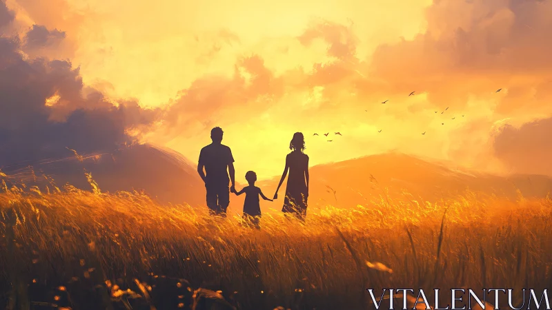 Silhouetted family crosses golden field at blazing sunset.