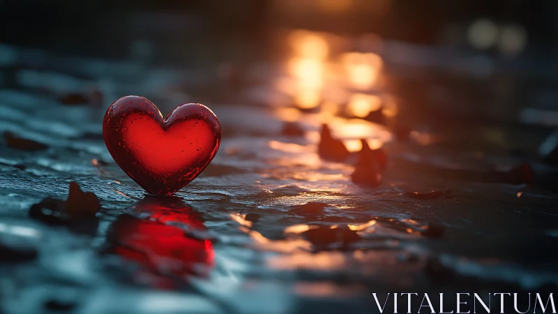 Crimson Heart Glows on Wet Surface in Bokeh Light