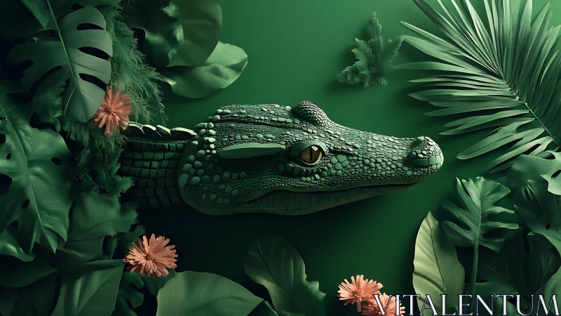Emerald crocodile head emerging from stylized jungle foliage.