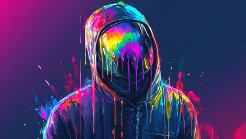 Hooded figure stands under dripping neon rainbow paint