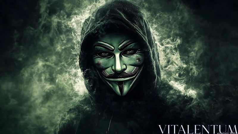 Hooded hacker mask emerges through swirling toxic smoke