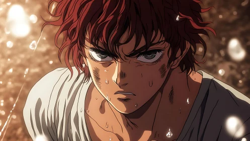 Intense anime fighter drenched in sweat under harsh light.