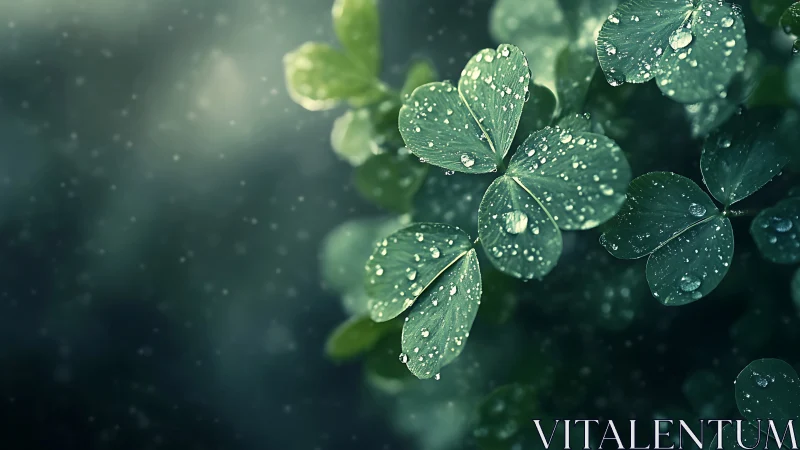 Dew-covered clover leaves glisten against soft teal bokeh