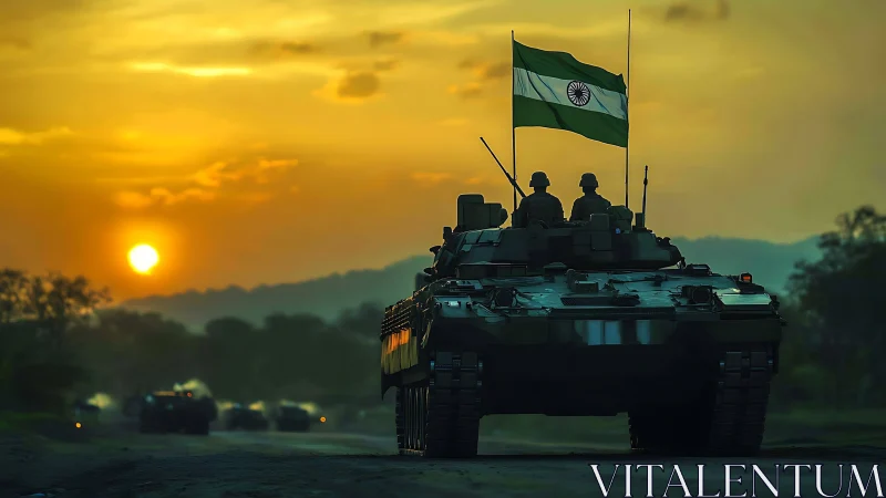 Armored vehicle silhouettes advance under warm sunset backlight