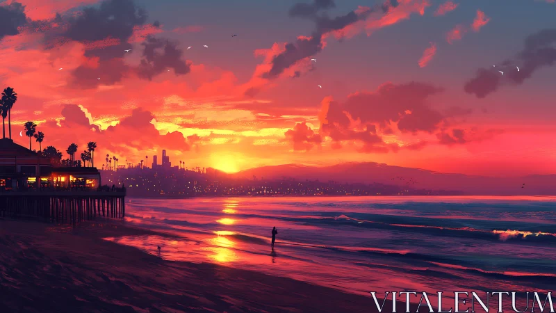 Sunset reflections glow along a tranquil city shoreline.