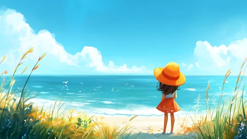 Girl in orange dress gazes across bright summer shoreline.