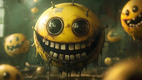 Corroded smiley drone orbs with mechanical ocular ports.