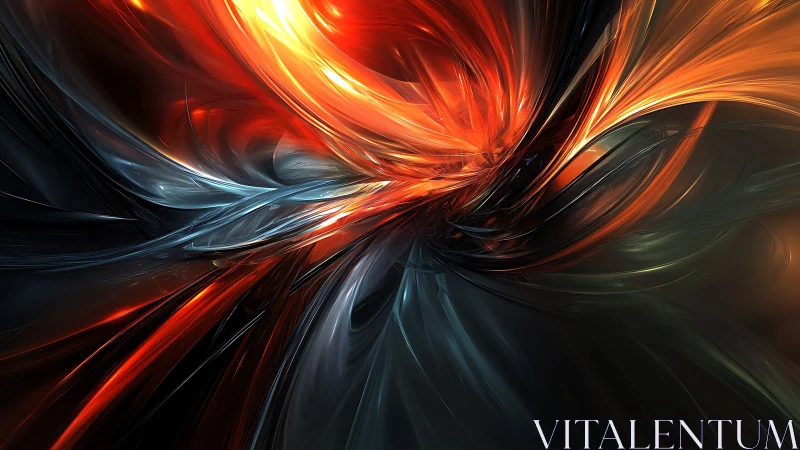 Abstract digital vortex with red and orange light forms.