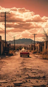 Old red car on dusty road in deserted desert town at dusk.