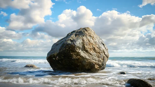 Monolithic sea rock under drifting clouds at low tide.