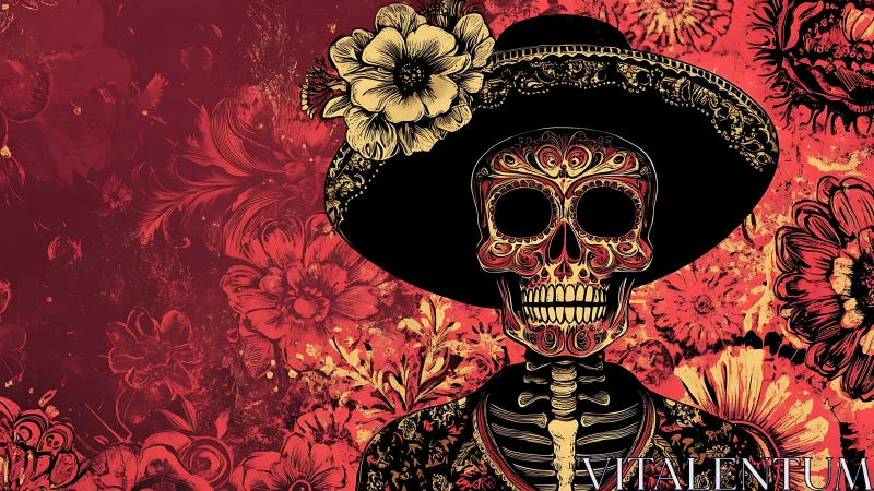 Calavera portrait in ornate sombrero over crimson florals.