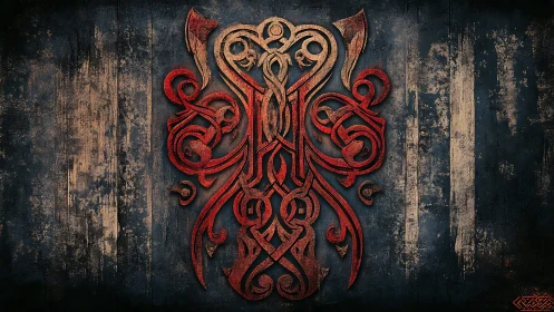 Intricate red Norse knotwork emblem on distressed timber panel
