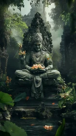 Stone goddess seated in lotus pose by reflective jungle pond