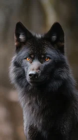 Black wolf portrait with amber eyes against soft blur.