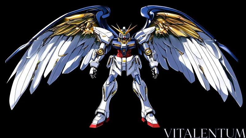 Winged mobile suit mecha with ornate metallic feather arrays.