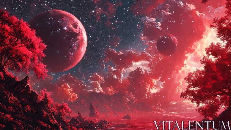 Crimson twin moons drifting over scarlet dreamshore worlds.
