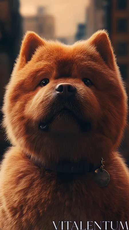 Fluffy city chow chow gazing softly at the evening light.