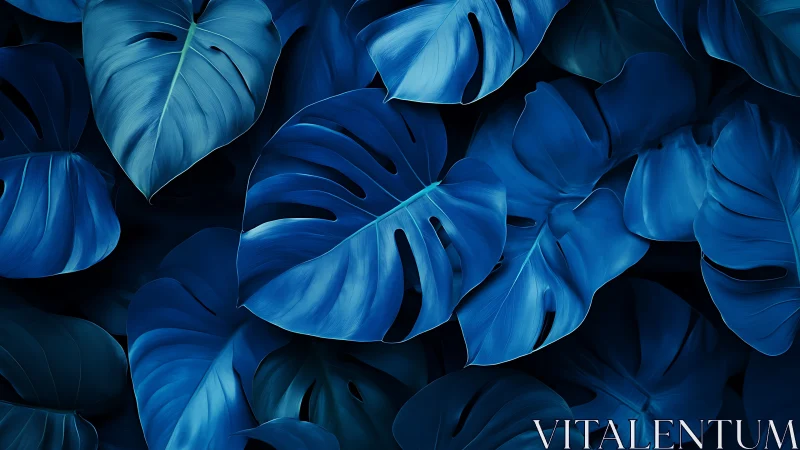 Sculpted blue monstera leaves glow in a deep shadowed jungle.
