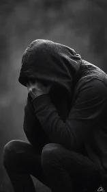 Monochrome hooded figure crouching in profile with obscured face