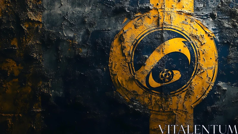 Weathered yellow symbol on textured dark wall, grunge style.