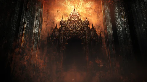 Incandescent gothic portal within corroded vertical chamber.