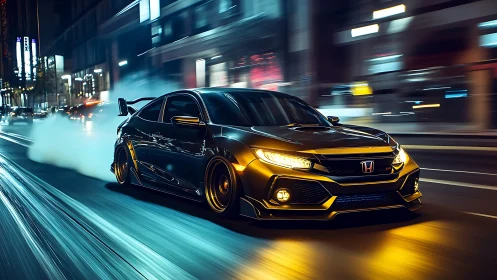 Night-drift tuned Honda Civic in neon-illuminated urban corridor.