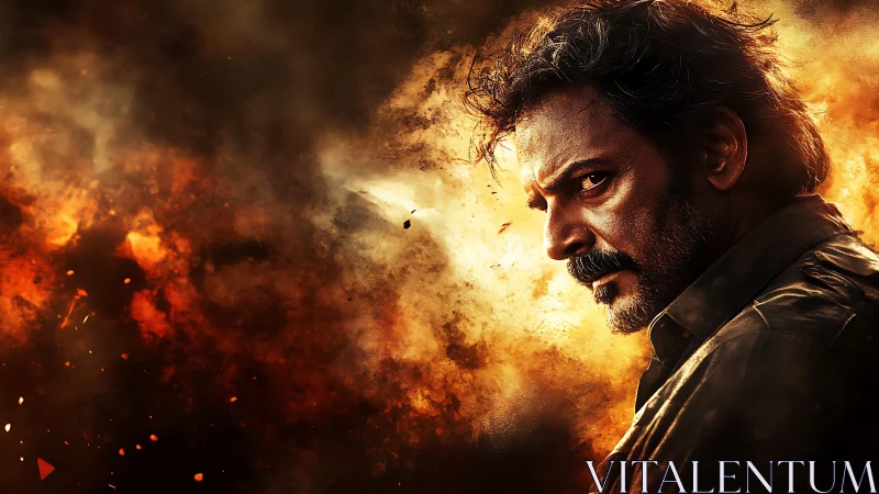 Brooding man framed by fiery cinematic explosion background.