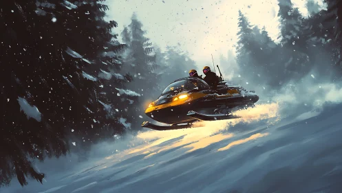 High-speed snowmobile duo carving dusk-lit alpine powder