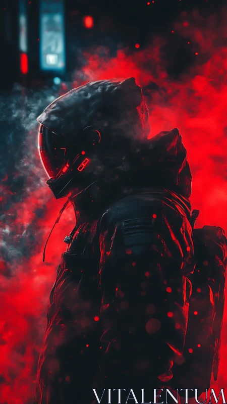 Lone space wanderer glowing in neon red misted night.