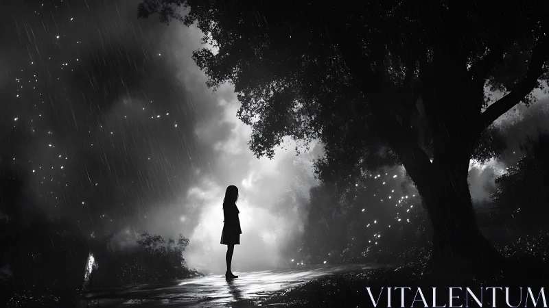 Monochrome nocturnal rainfall with silhouetted child observer.