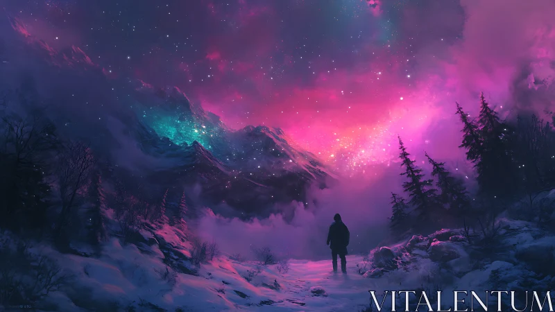 Solitary wanderer beneath luminous cosmic winter sky.