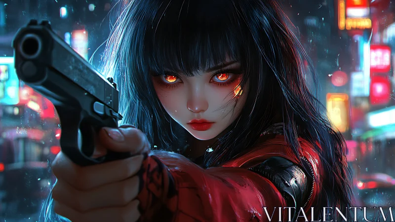 Midnight blaze in neon city streets, defiant gaze held steady.