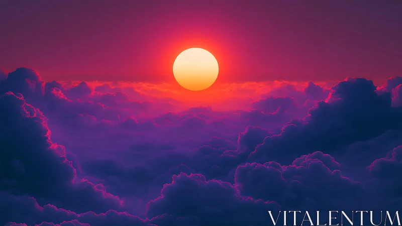 Sun disk over dense violet clouds under saturated sky