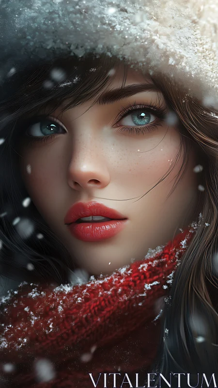 Hyperreal winter portrait studies luminous eyes and snowfall