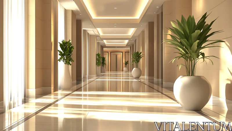 Sunlit modern hallway with calming plants in soft golden tones.