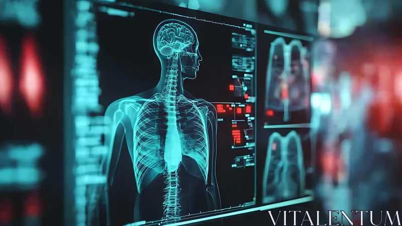 Digital skeletal scan on futuristic medical interface.