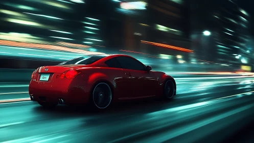 High-speed red coupe in motion-blurred neon urban corridor
