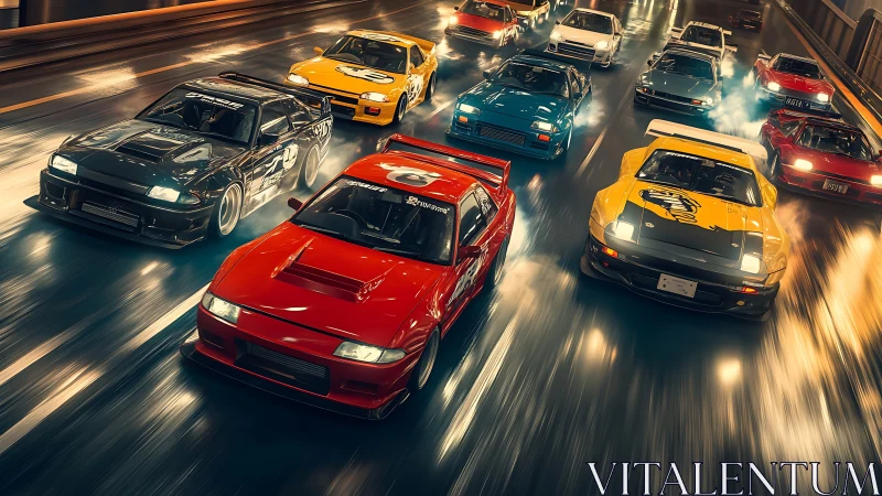 Turbocharged street racers blaze through neon city asphalt